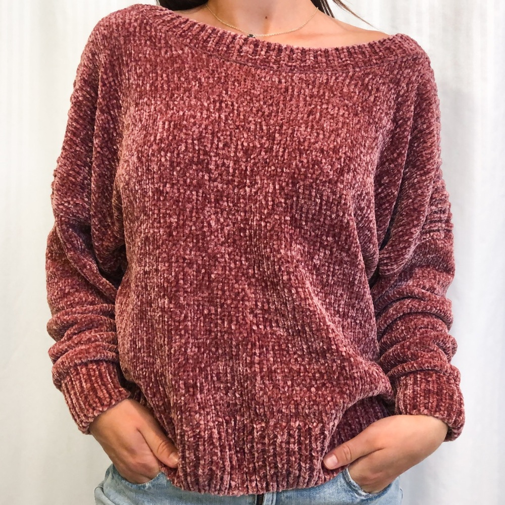 Oversized off the shoulder chenille sweater